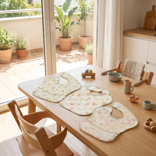 Lot de bavoir bébé imprimé écureuil fleurs tulipes sur la table de cuisine