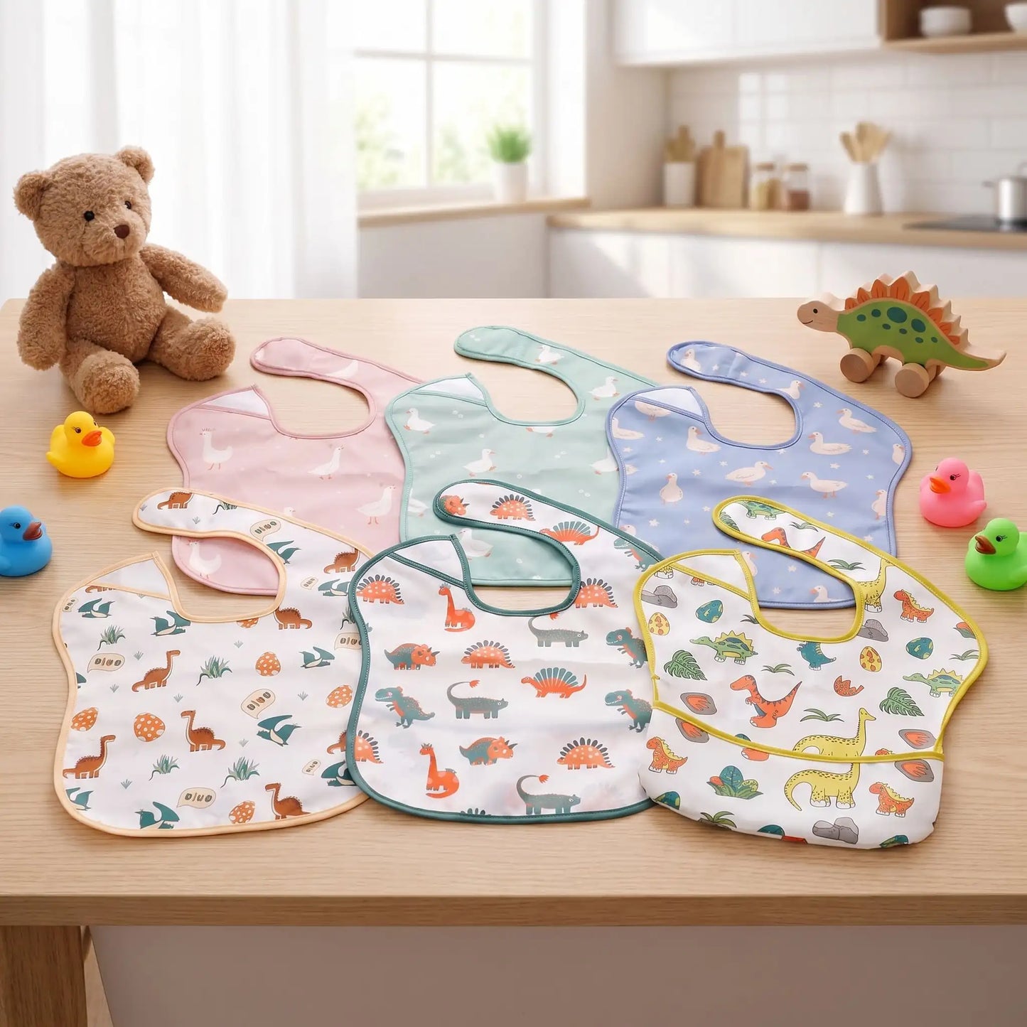 Lot de bavoir bébé six couleurs différentes sur la table d e cuisine