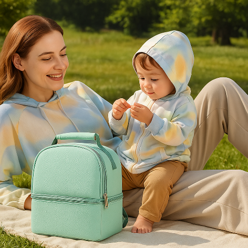 Porte biberon Mélia turquoise avec bébé sur une couverture dans un parc