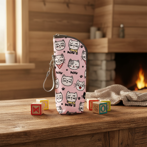 Porte biberon avec chats sur le comptoir de cuisine avec jouet de bloc coloré