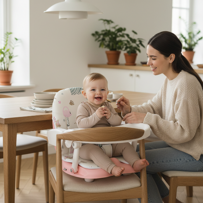 Rehausseur chaise avec bébé sur la chaise de cuisine avec maman qui lui donne à manger