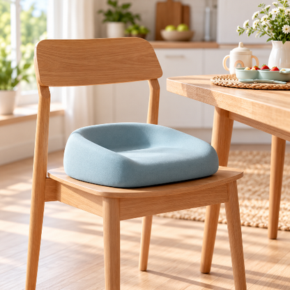 Rehausseur chaise bébé bleu 8 x 12 cm sur la chaise de cuisine