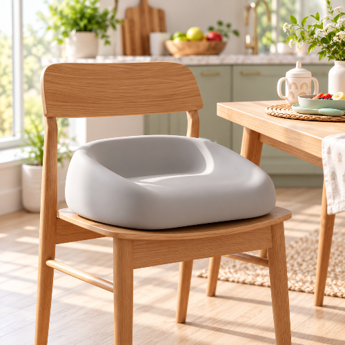 Rehausseur chaise bébé gris 8 x 12 cm sur une chaise de cuisine dans la salle à diner