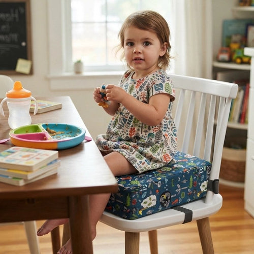 Rehausseur chaise évolutif confort bleu sur la chaise de cuisine avec l'enfant