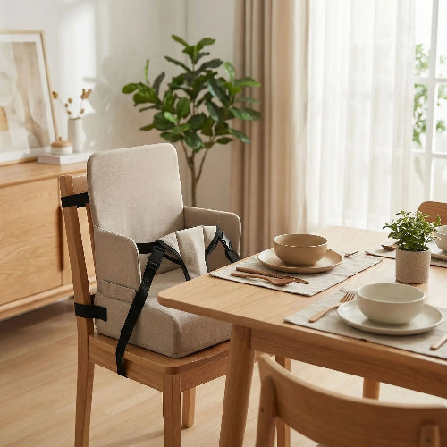 Rehausseur chaise évolutif portable beige sur une chaise de salle à manger