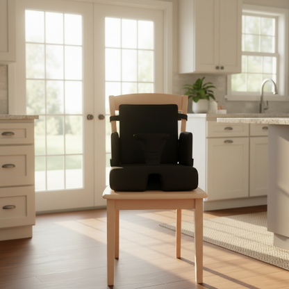 Rehausseur chaise évolutif portable sur une chaise de cuisine près porte patio