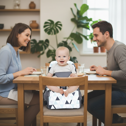 Rehausseur chaise gris triangles assis à table en famille
