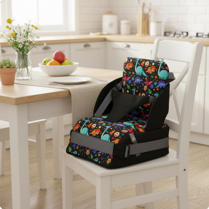 Rehausseur chaise imprimé de dinosaure et déposé sur une chaise de cuisine