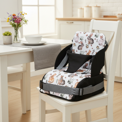 Rehausseur chaise imprimé de lapins et installer sur une chaise de cuisine
