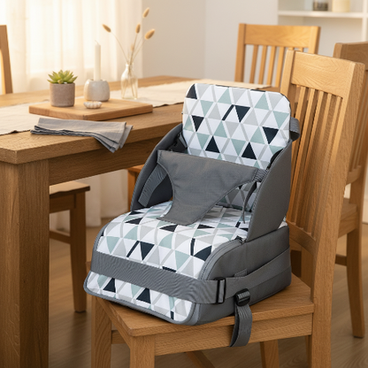 Rehausseur chaise triangle imprimé et déposé sur une chaise de la ciuisine