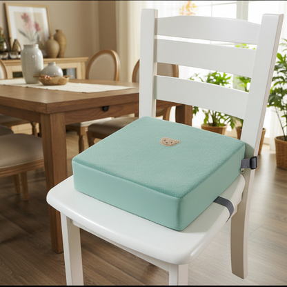 Rehausseur chaise vert avec ourson sur la chaise dans la salle a diner