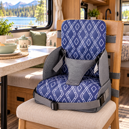 Rehausseur repas bébé diamant bleu sur la chaise en camping