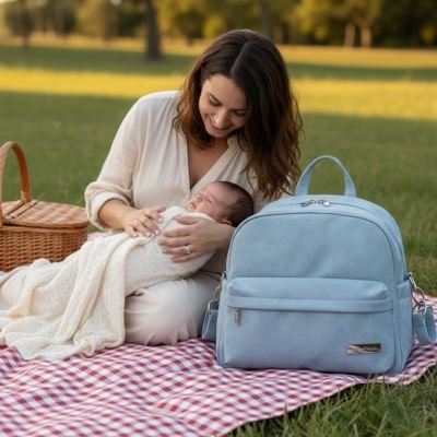 Sac à langer à dos bleu avec maman