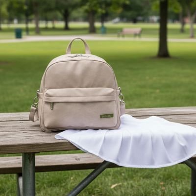 Sac à langer à dos sur table de picnique beige