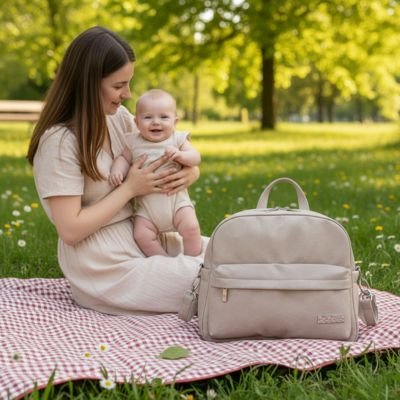 Sac a langer a dos sur une couverure avec bébé