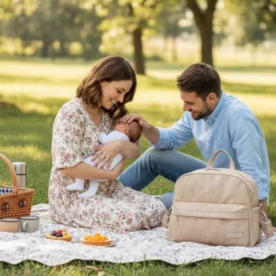 Sac a langer bébé sur couverture avec bébé