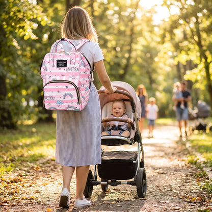 Sac à langer personnalisé ultra léger rose maman en promenade avec bébé
