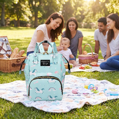 Sac à langer personnalisé ultra léger turquoise sur la couverture avec des amis