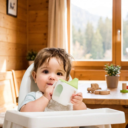 Tasse d'apprentissage bébé anti fuite avec bébé assis dans sa chaise haute