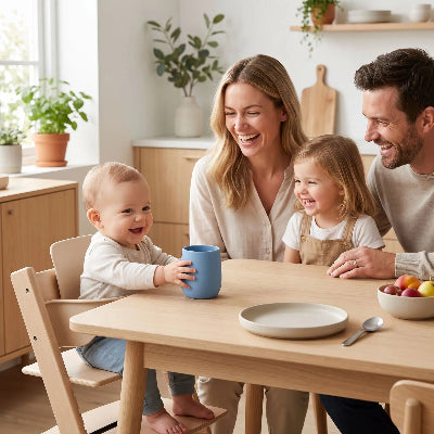 Tasse d'apprentissage bébé à la table de cuisine avec papa et maman petite soeur