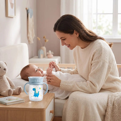 Tasse d'apprentissage bébé qui est coucher dans son lit avec maman à c'est coter