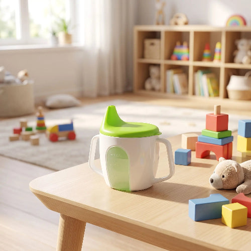 Tasse d'apprentissage bébé ergonomique verte sur la table dans la salle de jeux