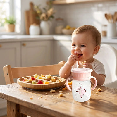 Tasse d'apprentissage bébé assis à la table entrain de manger des fruits frais