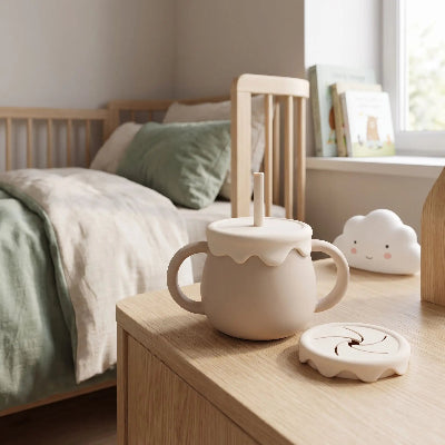Tasse dapprentissage bébé silicone anti fuite beige