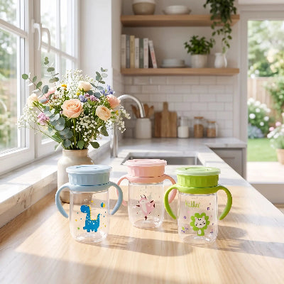 Tasse d'apprentissage sur le comptoir avec les trois tasse différente couleur