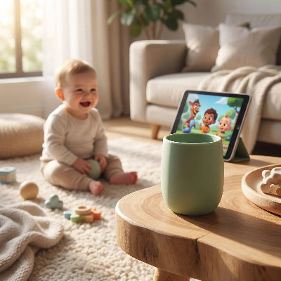 Tasse dapprentissage bébé vert sur la table de salon avec bébé qui regarde les bonhommes animés