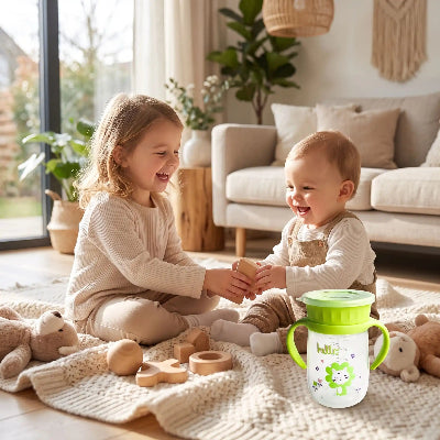 Tasse d'apprentissage bébé assis sur une couverture avec sa petite soeur entrain de jouer enssemble