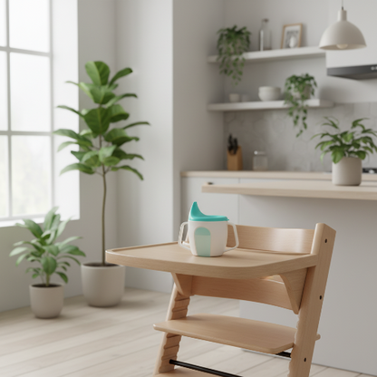 Tasse d'apprentissage bébé ergonomique anti fuite turquoise sur la chaise haute de bébé
