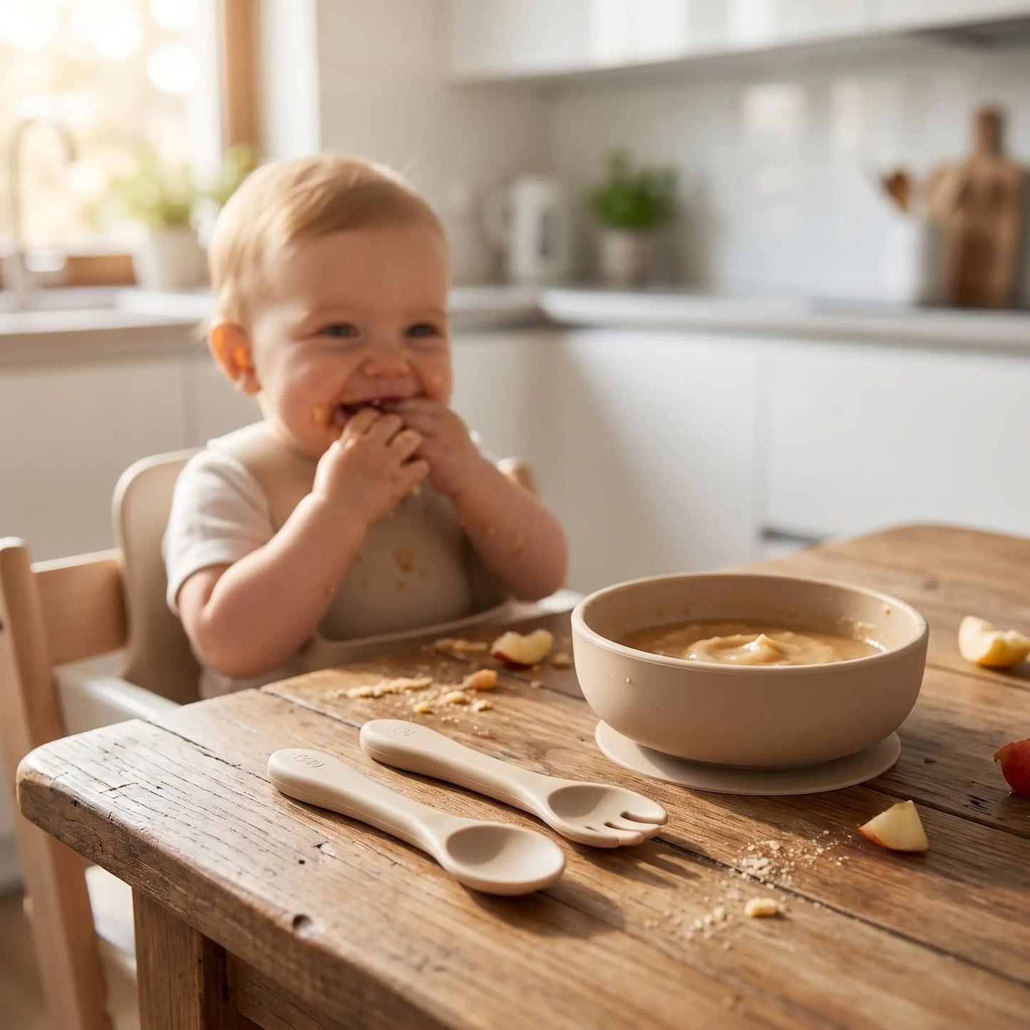 Ustensile cuisine bébé silicone beige