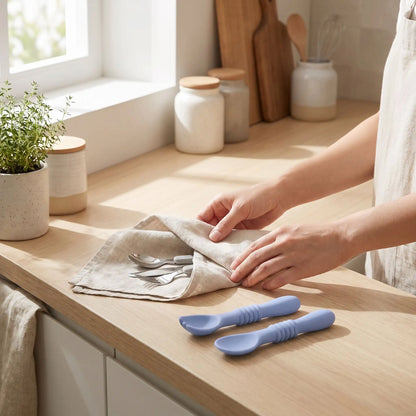 Ustensile cuisine bébé silicone bleu