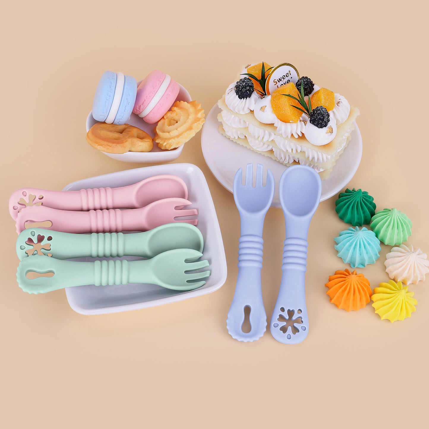 Ustensile cuisine bébé silicone trois couleurs