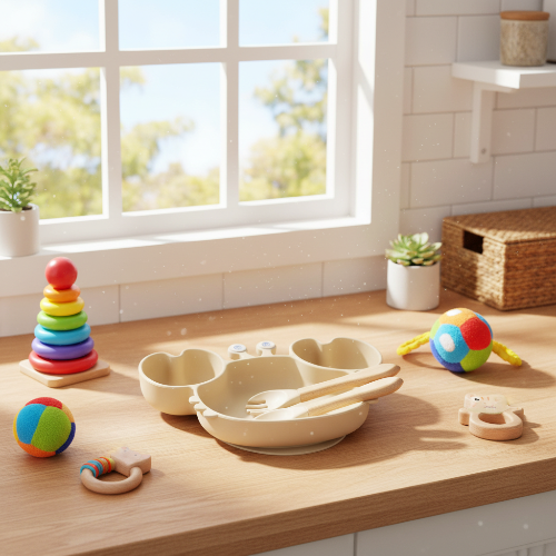 Vaisselle bébé en forme de crabe beige sur le comptoir avec jouets