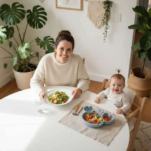Vaisselle bébé en forme de crable bleu sur la table de cuisine avec maman 