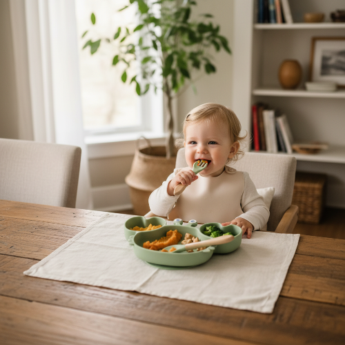 Vasselle bébé en forme de crabe vert sur la table de cuisine avec bébé qu mange son repas