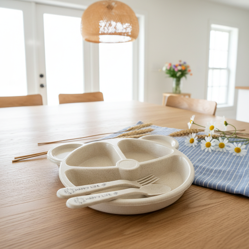 Vaisselle bébé beige avec trois compartiments et ustensiles sur une table de cuisine avec fleurs