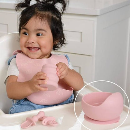 Vaisselle bébé silicone rose avec sourire