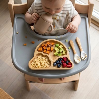 Vaisselle pour bébé sécurisé silicone avec fraise